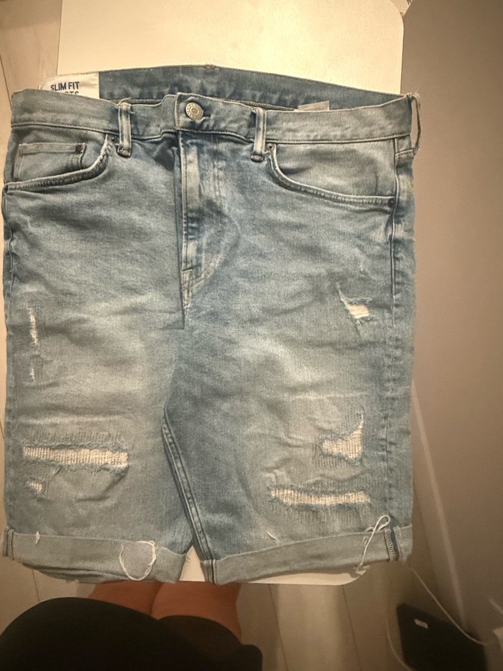 Slim Straight Light Blue Distressed Men's Jeans#M12